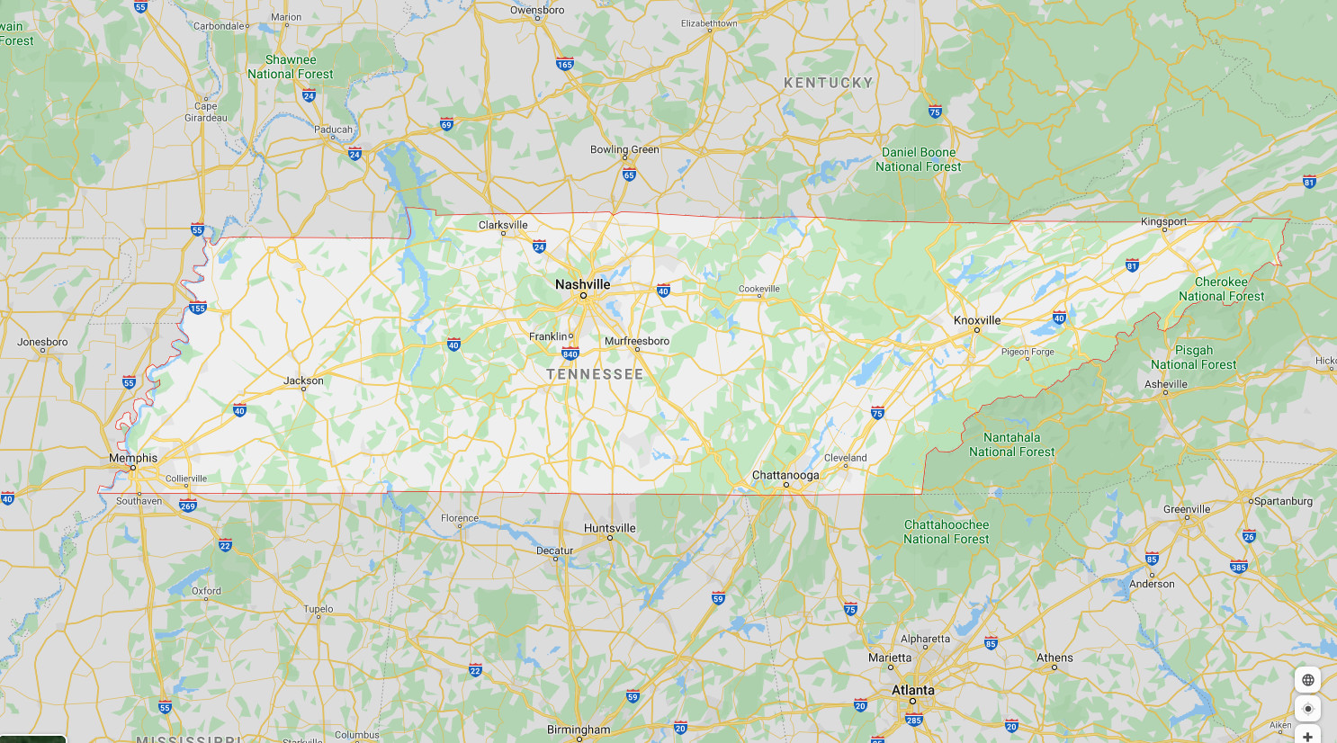 Google map of Tennessee