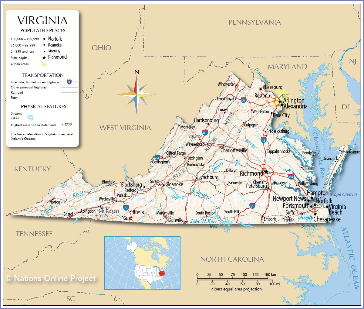 Detailed map of Virginia